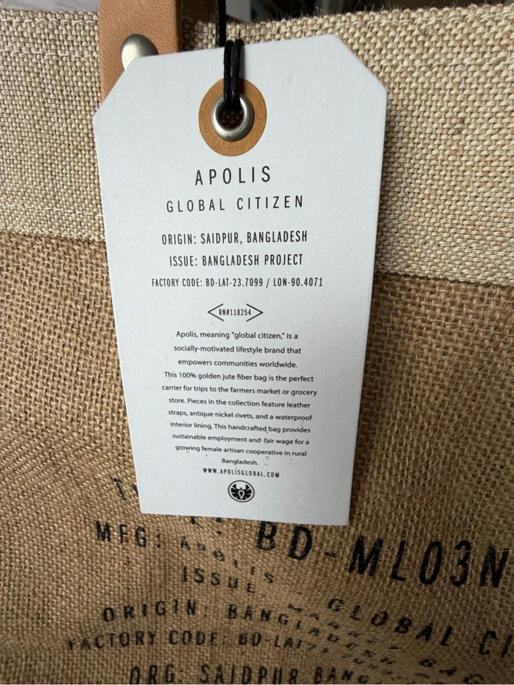 Apolis Global Citizen “Cornell University”  Burlap Tote with Leather Handles
